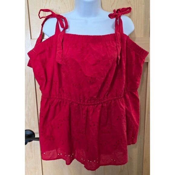 Red Eyelet Embroidered Sleeveless Top W Adjustable Tie Straps & Elastic Waist - Picture 2 of 11